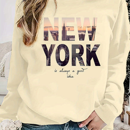 Damen Sweatshirt New York Skyline Druck Baumwolle Gemütlich Grau
