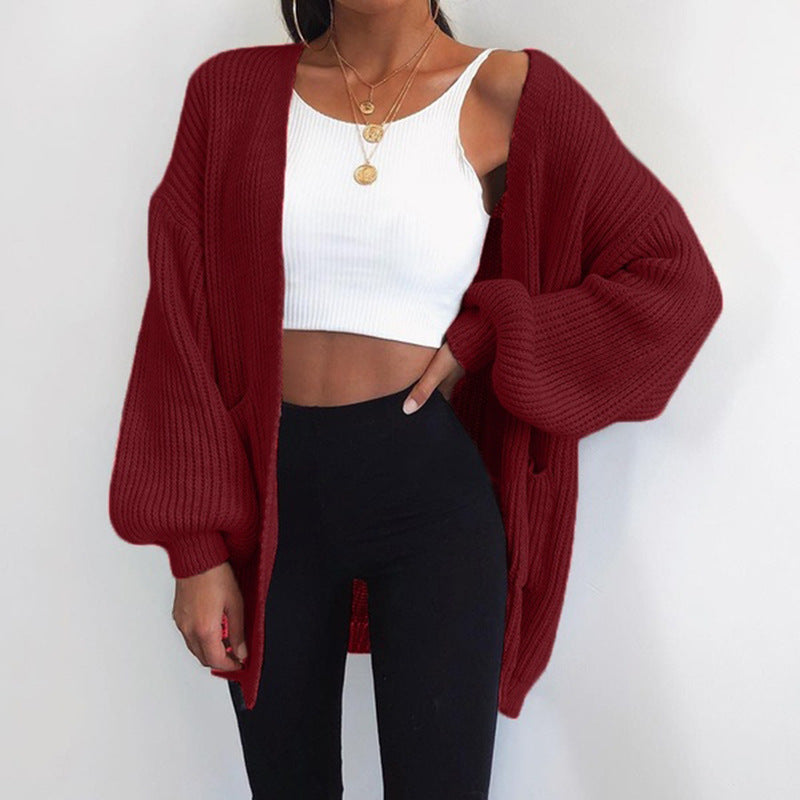 Damen Grobstrick-Cardigan Oversized Ärmel Praktische Taschen Beige