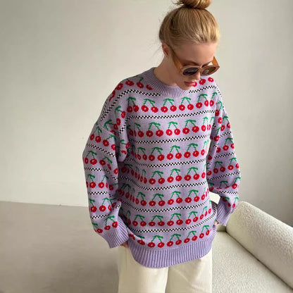 Damen Strickpullover Kirschmotiv Norvielle