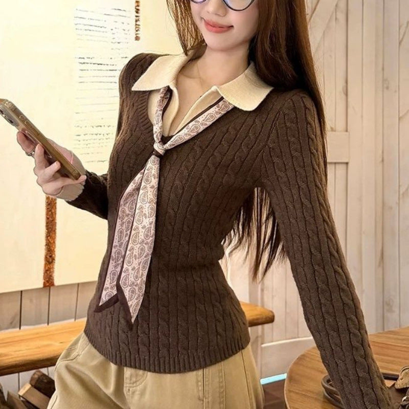 Damen Strickpullover mit Hemdkragen und Krawatte Ribbstruktur