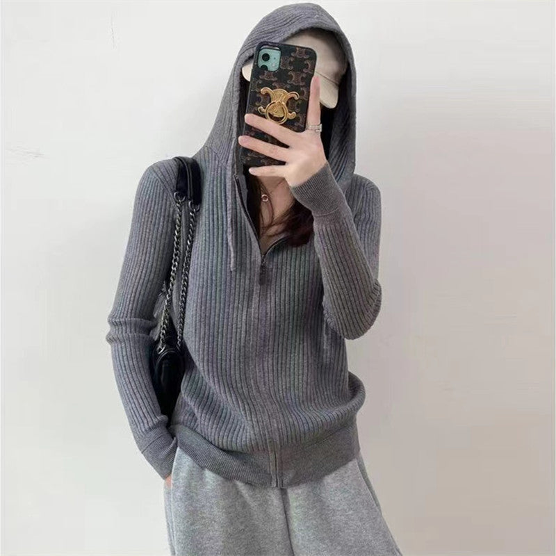 Damen Strickjacke mit Kapuze Rippstruktur Norvielle