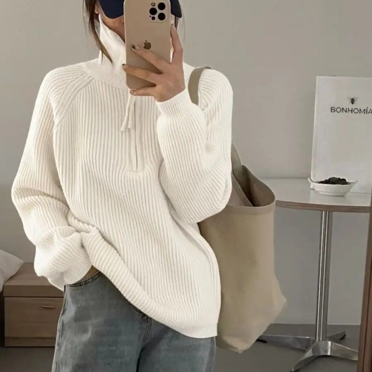 Damen Grobstrickpullover Reißverschluss Hoher Kragen Norvielle - Norvielle