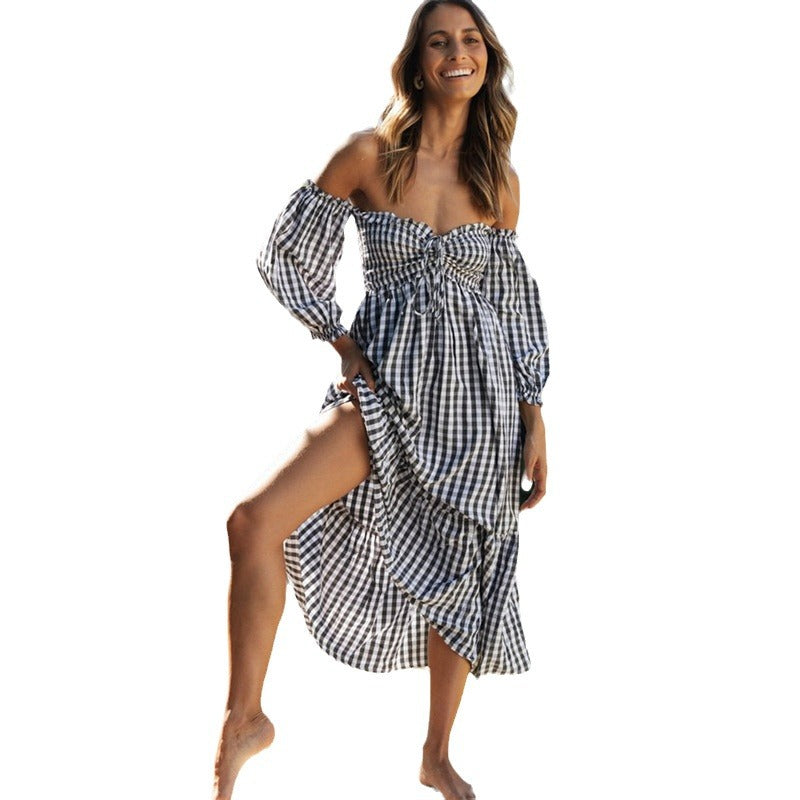 Damen Midi-Kleid Puffärmel Karomuster