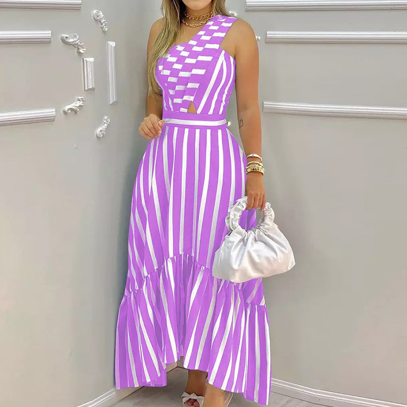 Damen Maxikleid Asymmetrischer Saum Streifenmuster