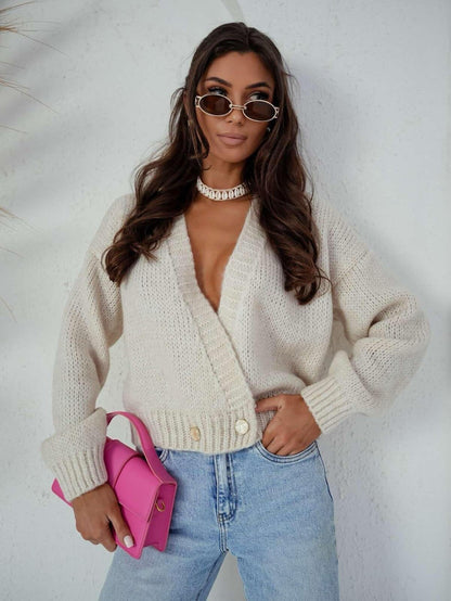Damen Strickcardigan Weit Modisch Knöpfe Beige