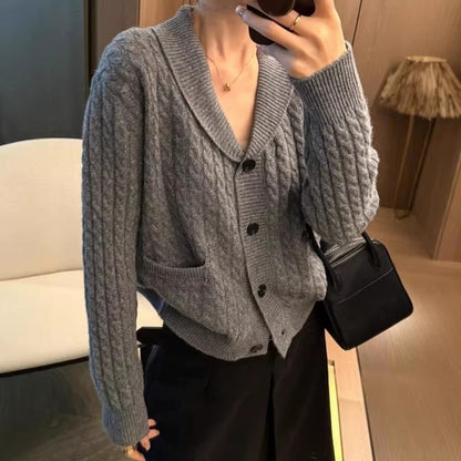 Damen Strickjacke Zopfmuster Aufgesetzte Taschen Norvielle