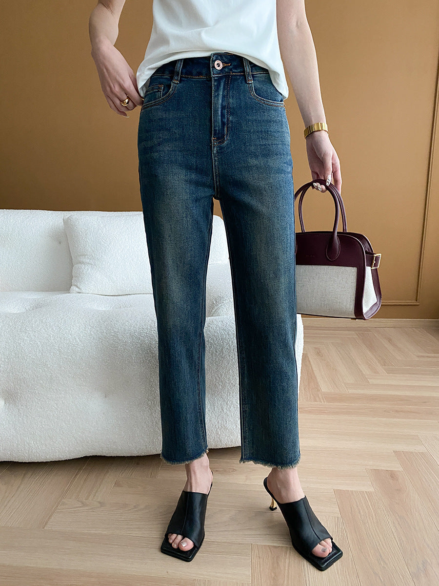 Damen High-Waist Jeans Fransensäume Norvielle