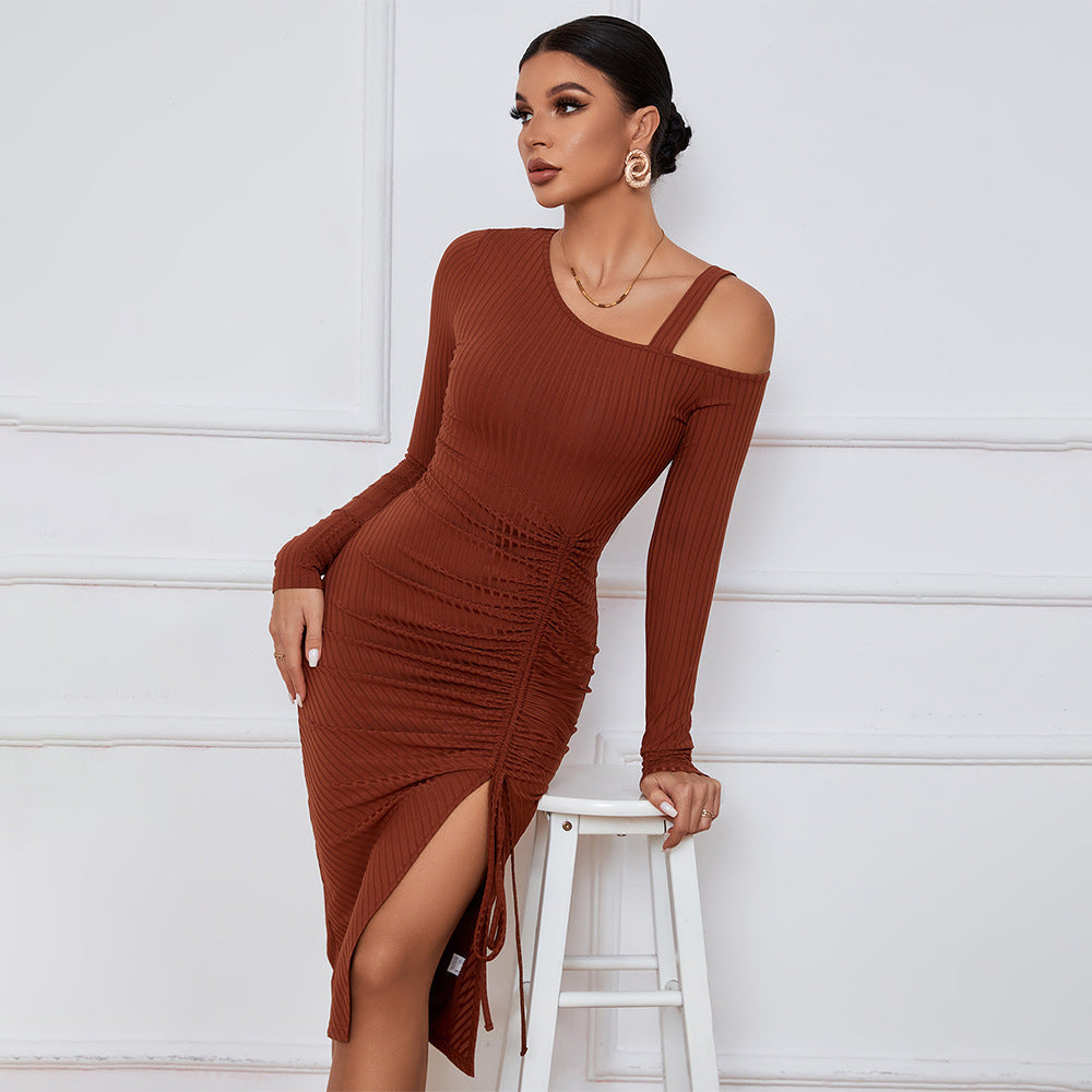 Damen Rippkleid One-Shoulder Ausschnitt Raffung Schwarz - Norvielle