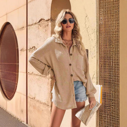 Damen Oversized Hemdjacke Waffelmuster Norvielle