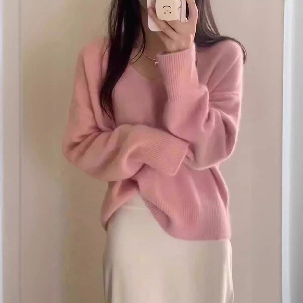 Damen Pullover V-Ausschnitt Rippstruktur Lässig Beige