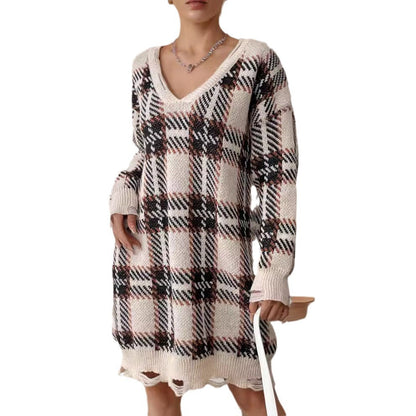 Damen Oversized Pullover V-Ausschnitt Kariert Norvielle