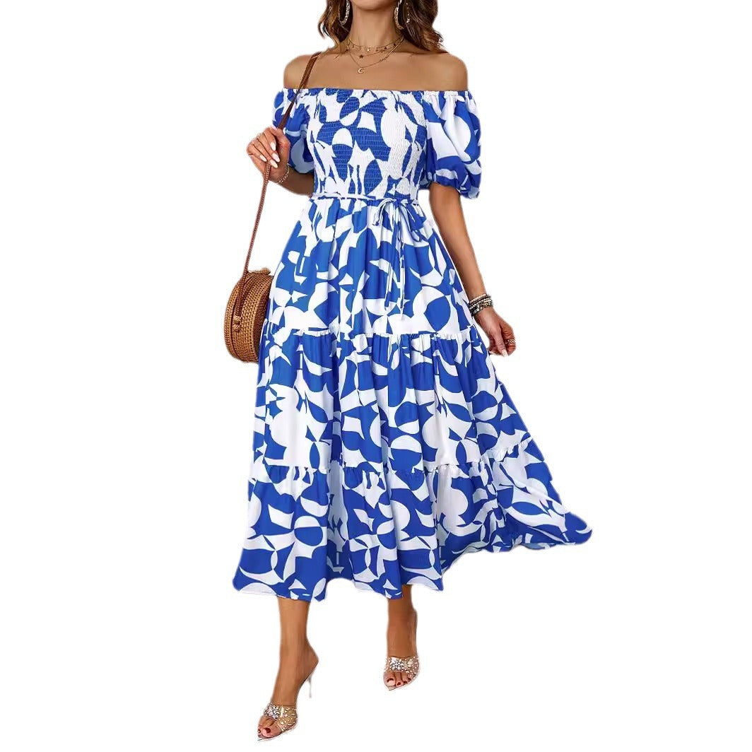 Damen Off-Shoulder Maxikleid Voluminöse Ärmel Print Norvielle