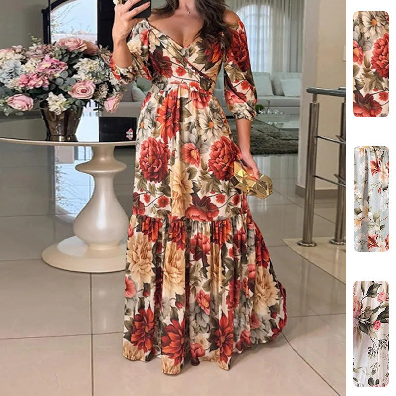 Damen Maxikleid Schulterfrei Floralmuster Rüschensaum Norvielle - Norvielle