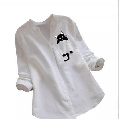 Damen Bluse Katzenmotiv Baumwolle Trendig