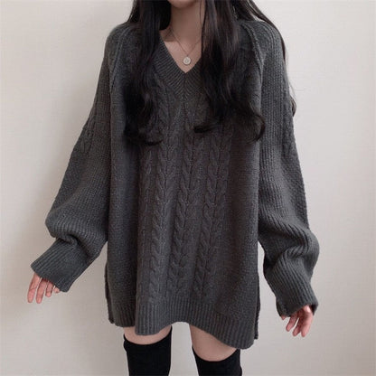 Damen Strickpullover V-Ausschnitt Großes Zopfmuster Norvielle