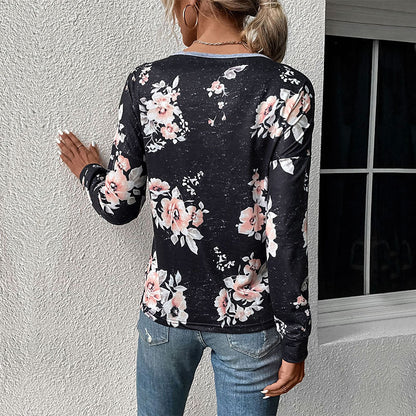 Damen Sweatshirt Floralmuster V-Ausschnitt Rüschen Norvielle