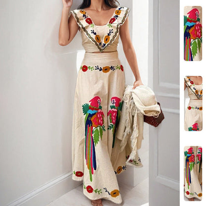 Damen Maxikleid mit Stickmuster und Volantärmeln Norvielle - Norvielle