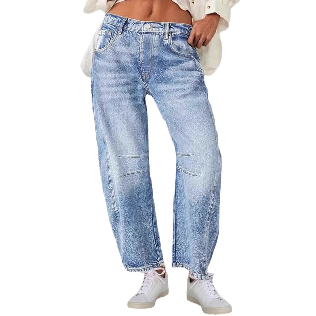 Damen Vintage Jeans Weit Geschnitten Ausgefranster Saum