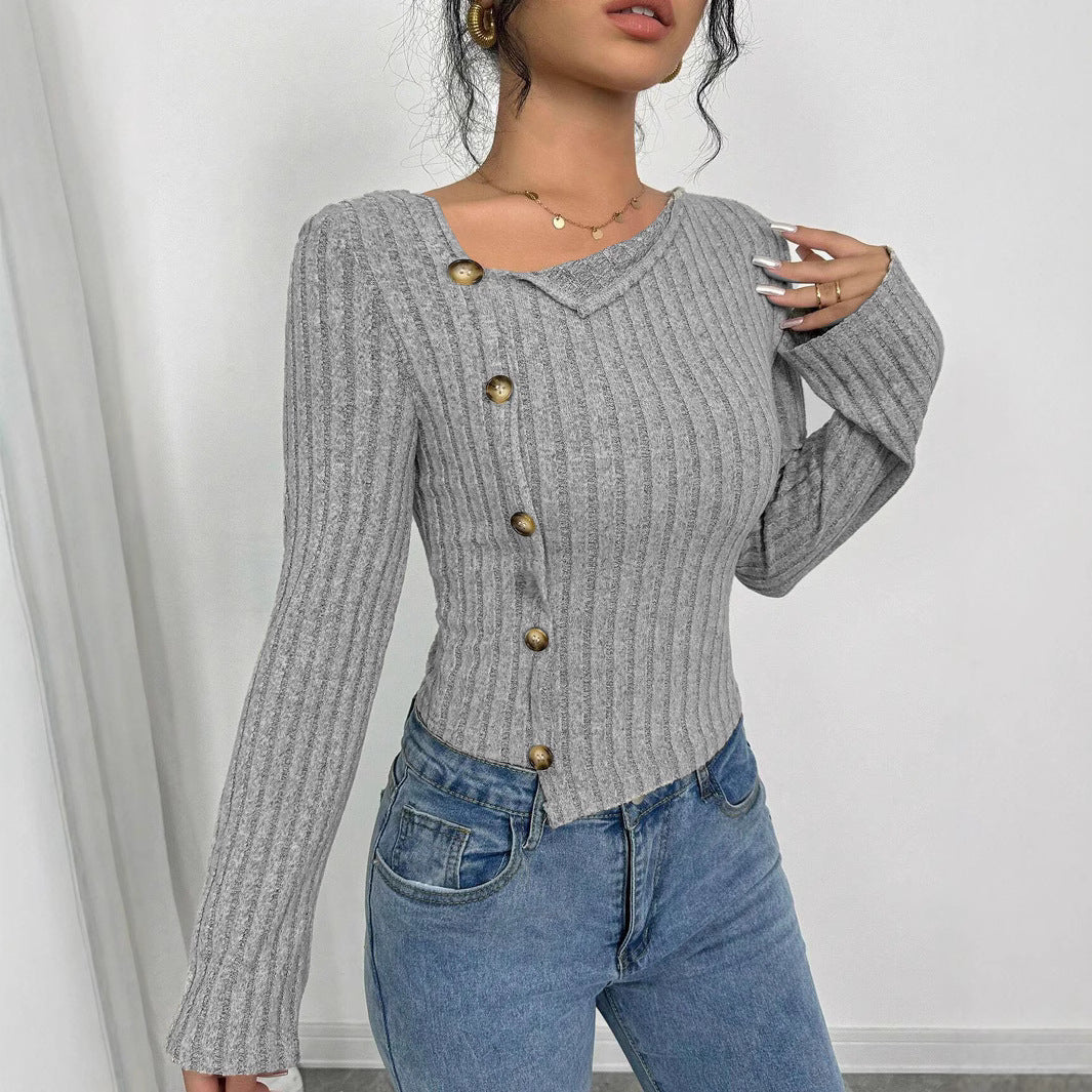Damen Pullover Asymmetrischer Ausschnitt Knöpfe Norvielle