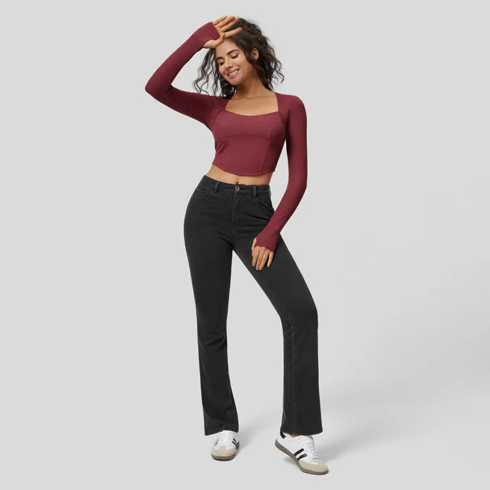 Damen Langarm Crop Rippstoff Quadrat-Ausschnitt