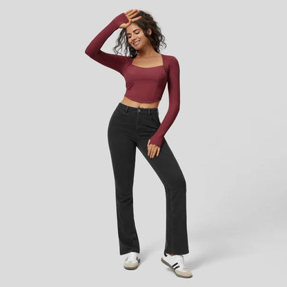 Damen Langarm Crop Rippstoff Quadrat-Ausschnitt