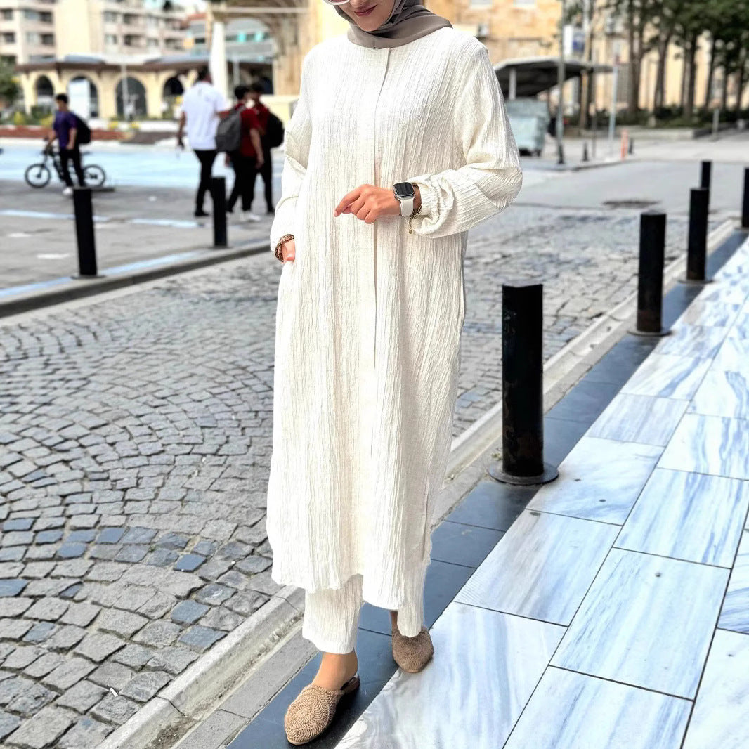 Damen Langarmkleid mit Rüschensaum aus Strukturstoff