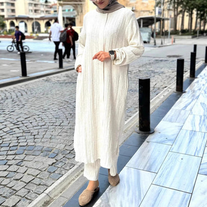 Damen Langarmkleid mit Rüschensaum aus Strukturstoff