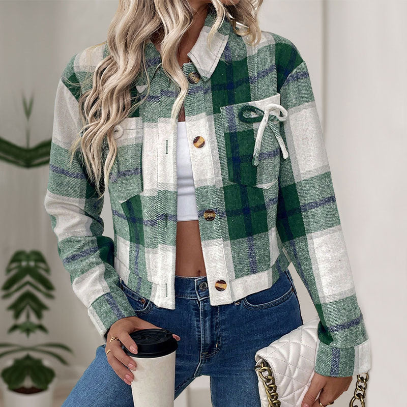 Damen Karobluse Cropped Nostalgisch Knöpfe Blau - Norvielle
