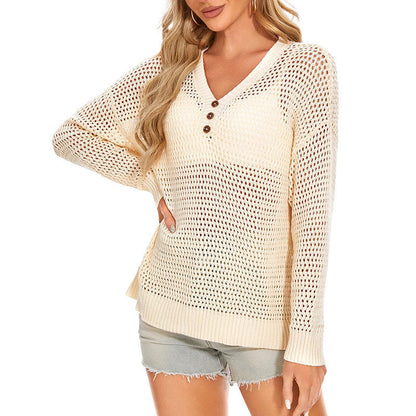 Damen Strickpullover Luftig Dekorative Knöpfe Beige