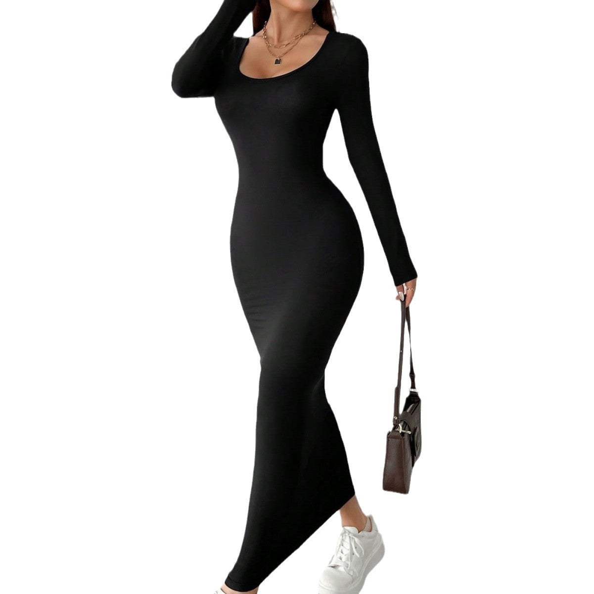 Damen Maxikleid Langarm Rundhalsausschnitt Elegantes Design Norvielle