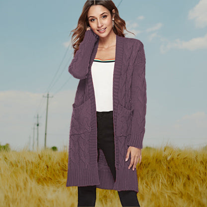 Damen Grobstrick Cardigan Zopfmuster Taschen Beige