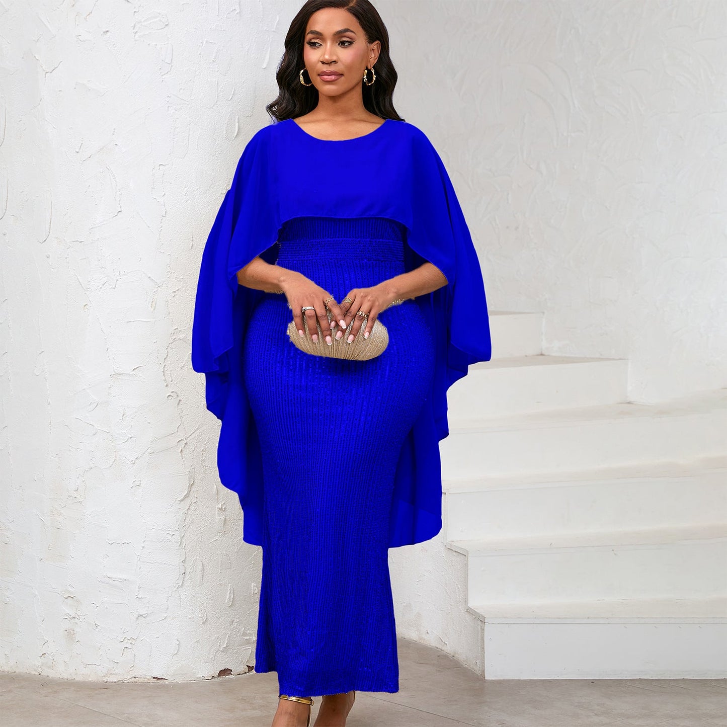 Damen Abendkleid Pailletten Cape Schimmernd