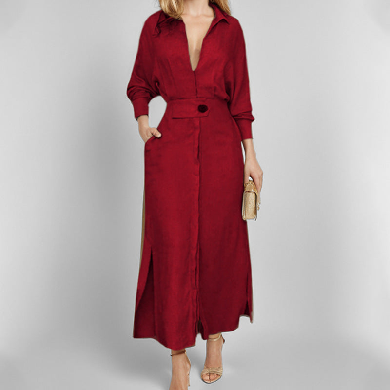 Damen Hemdblusenkleid V-Ausschnitt Elegantes Knopfdesign