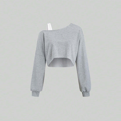 Damen Cropped Sweatshirt Asymmetrisch Voluminöse Ärmel Norvielle