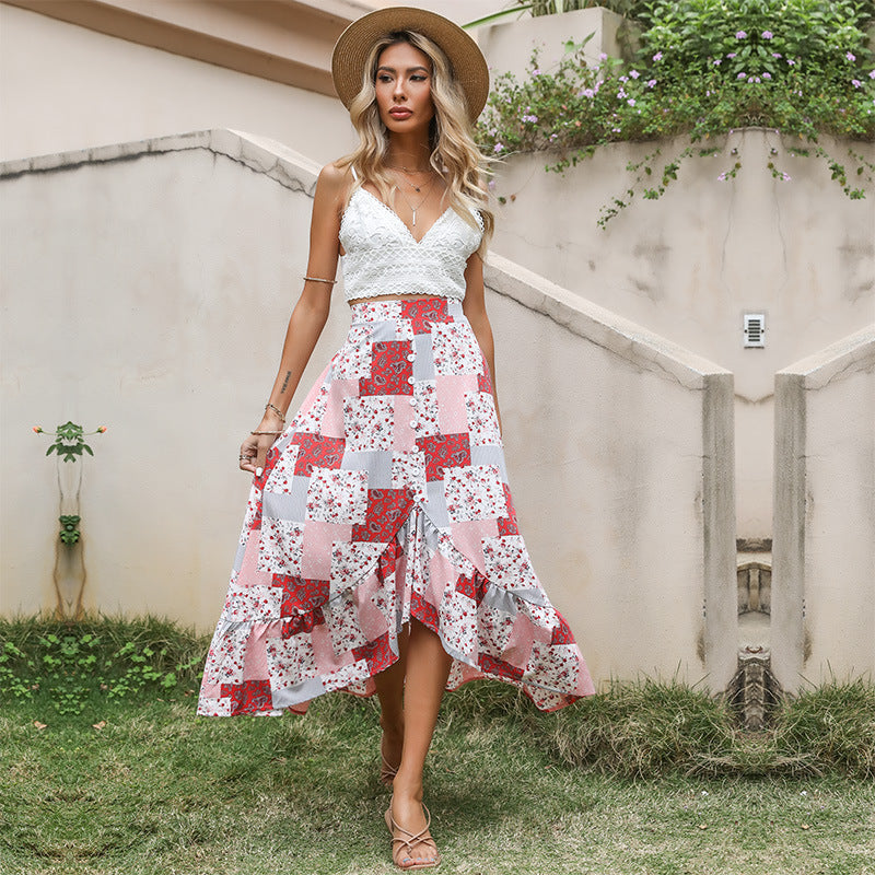 Damen Maxi-Rock Patchwork-Design Knöpfe Multicolor