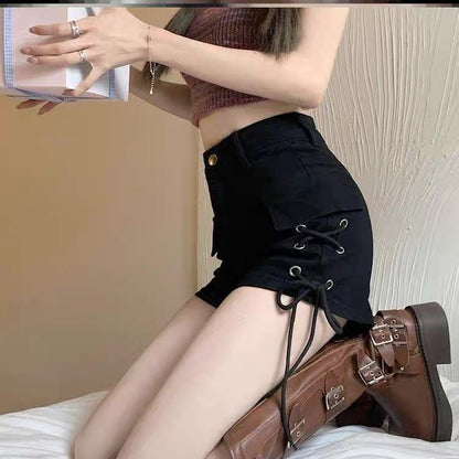 Damen High-Waist Shorts Seitenschnürung Praktische Taschen