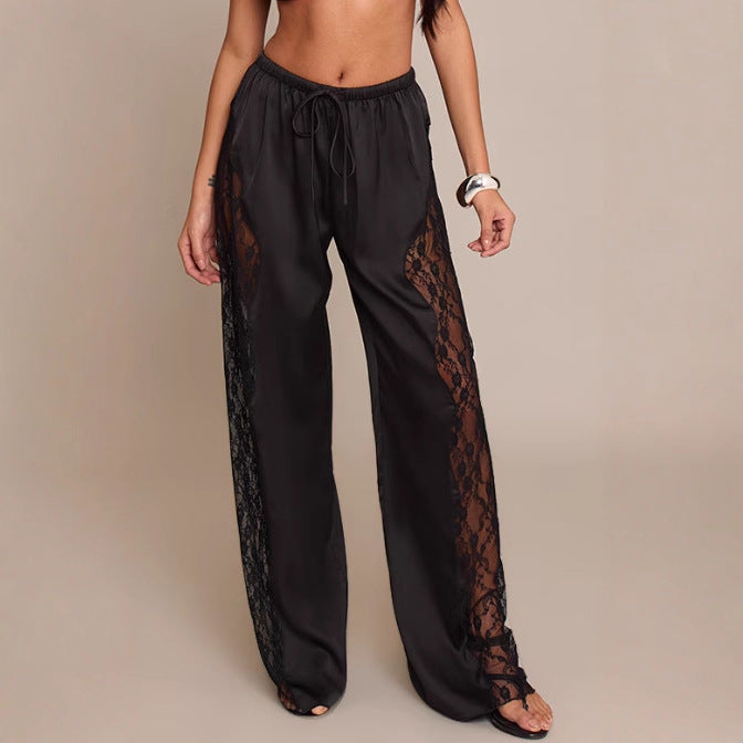 Damen Satinhosen Spitzenakzente Elegant Schwarz - Norvielle