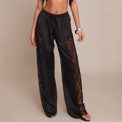 Damen Satinhosen Spitzenakzente Elegant Schwarz - Norvielle
