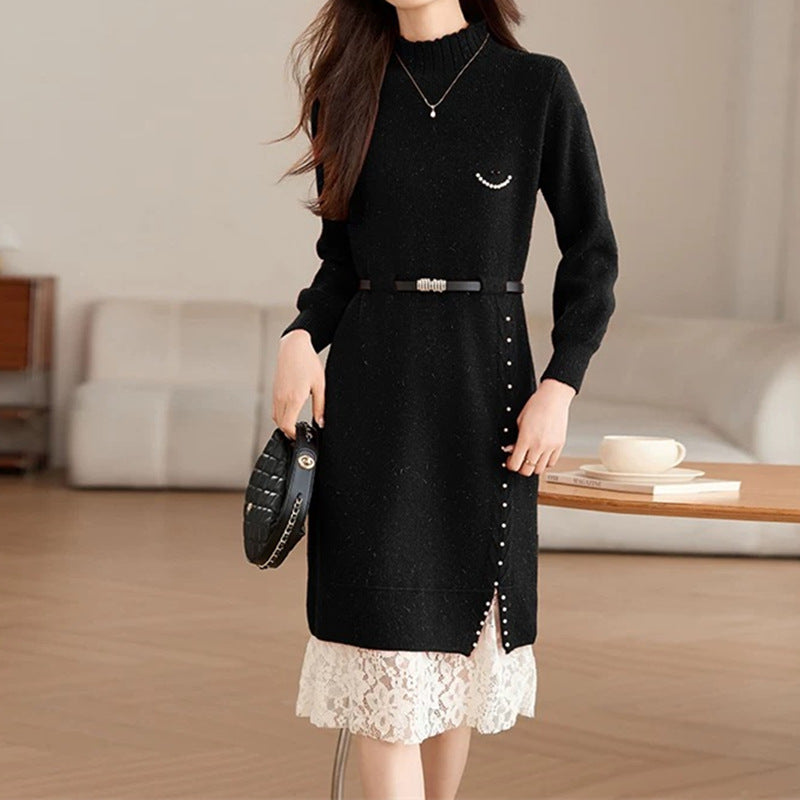 Damen Strickkleid mit Spitzensaum und Taillengürtel Norvielle