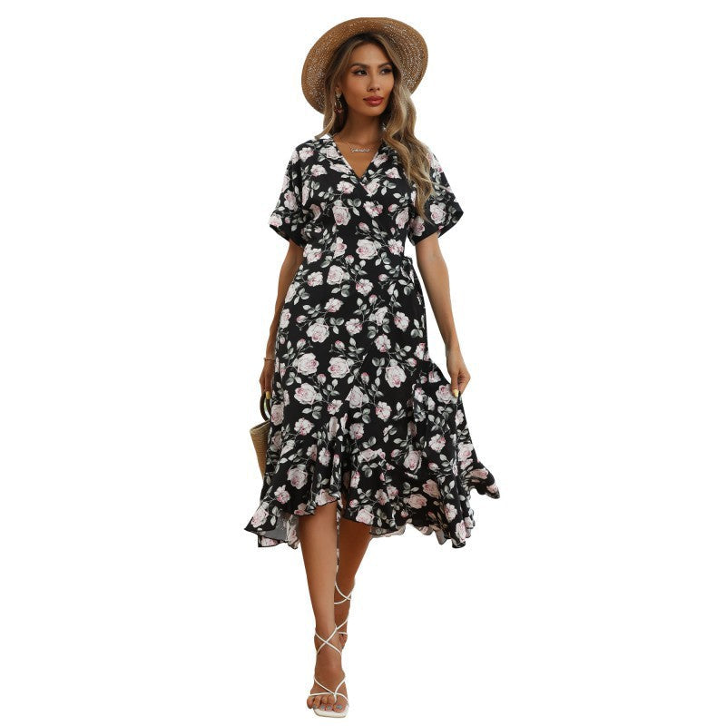 Damen Wickelkleid Florale Rüschen Eleganter Saum
