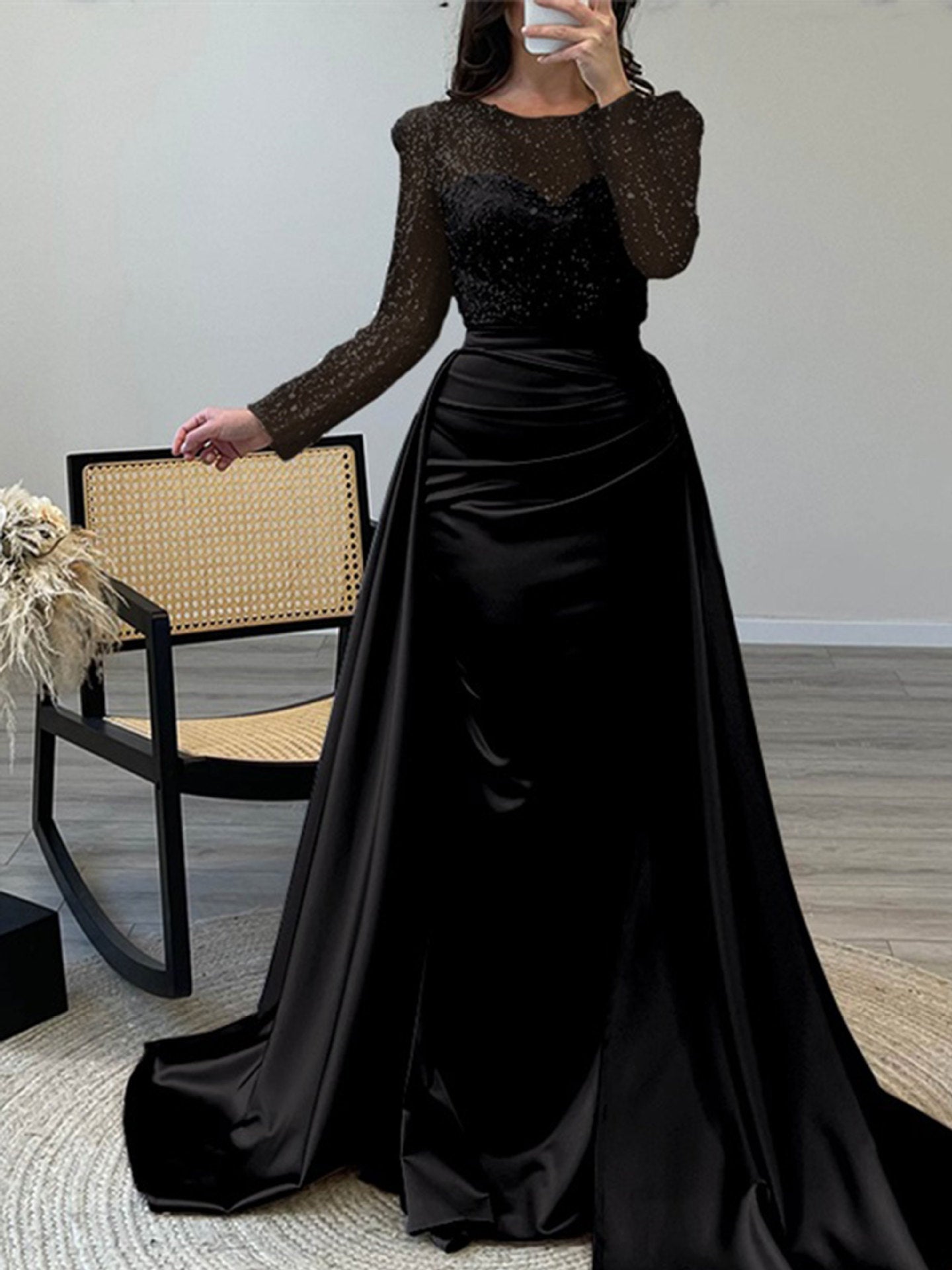 Damen Abendkleid Paillettenoberteil Satinrock Elegant