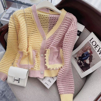 Damen Strickcardigan Luftig Netzstruktur Taschen Beige
