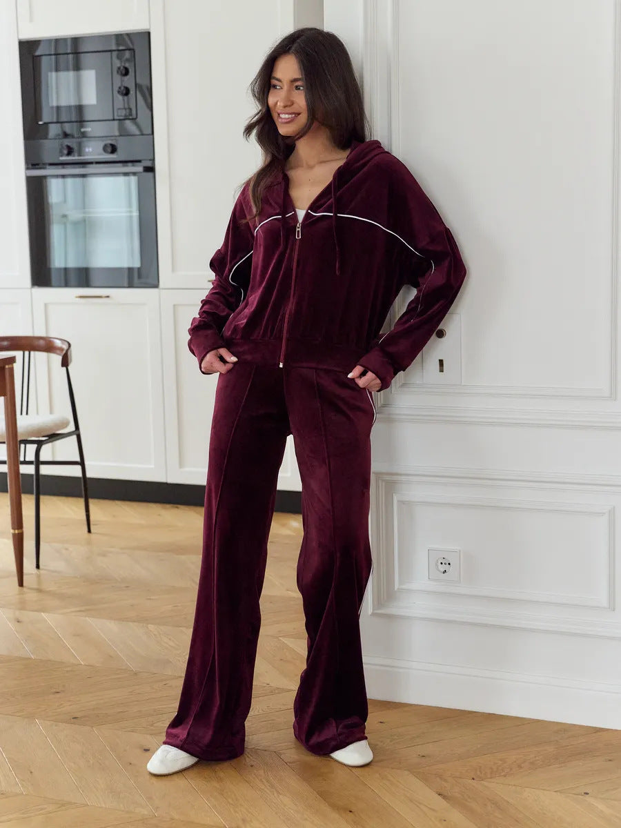 Damen Sportlicher Velour-Anzug mit Kapuze Elastisch