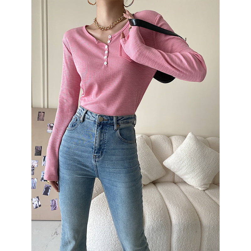 Damen Langärmeliges Henley-Oberteil mit Knopfleiste