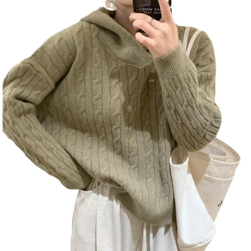 Damen Grobstrickpullover Kapuze Zopfmuster