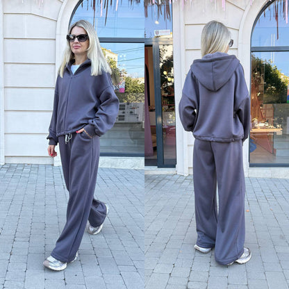 Damen Sportliches Lounge-Set Hoodie Weites Design Beige
