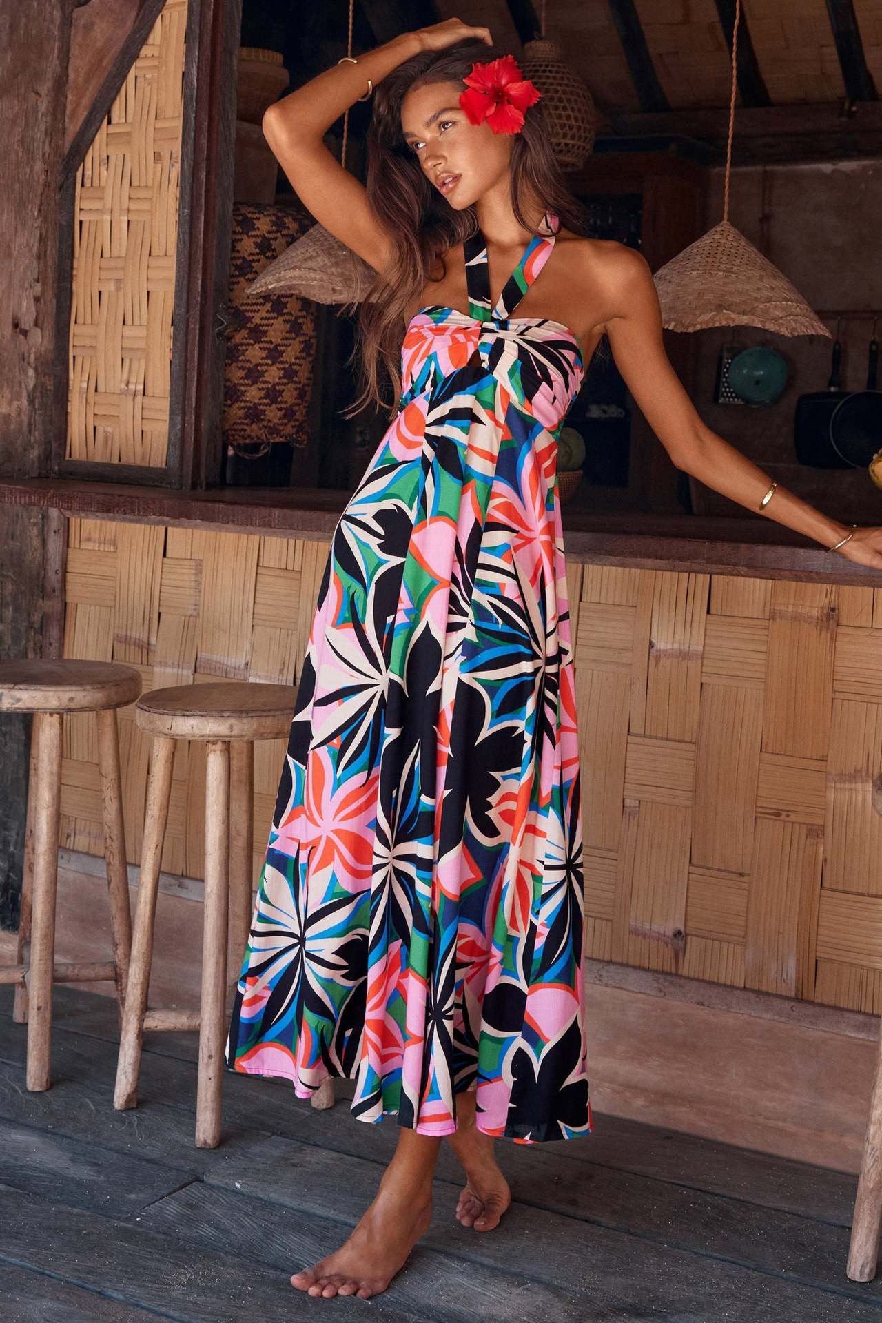 Damen Maxikleid Trägerlos Rundum-Stretch Floraler Druck