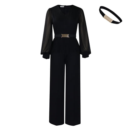 Damen Plissee-Jumpsuit Tailliert Langer Ärmel Norvielle