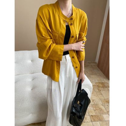 Damen Leinenjacke Mit Stehkragen Und Taschen Beige