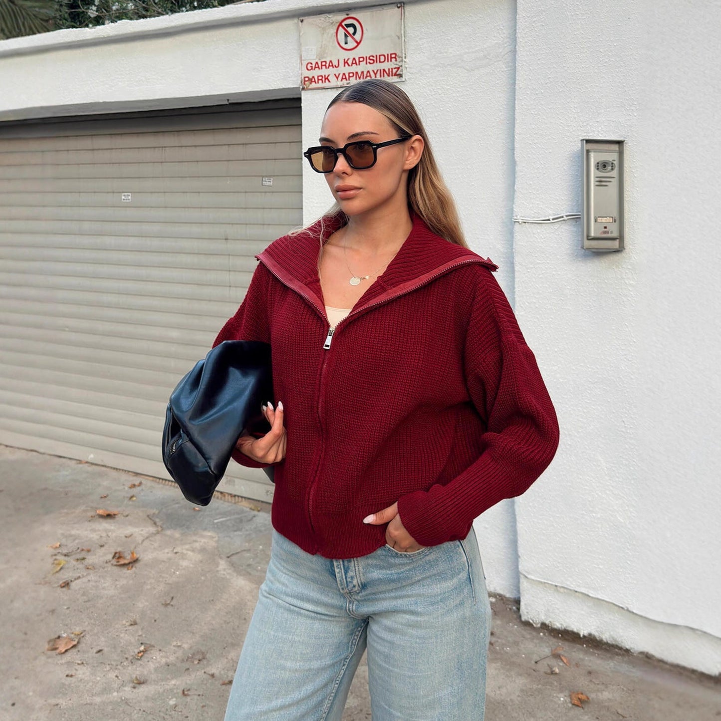 Damen Oversized Strickjacke Norvielle Hochkragen Reißverschluss